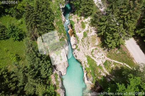 Image of Aerial view over Soca river in Triglav National Park, Slovenia