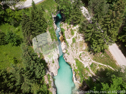 Image of Aerial view over Soca river in Triglav National Park, Slovenia