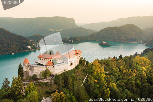 Image of Aerial view of Bled Castle overlooking Lake Bled in Slovenia, Europe