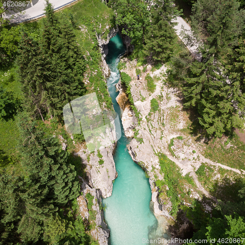 Image of Aerial view over Soca river in Triglav National Park, Slovenia