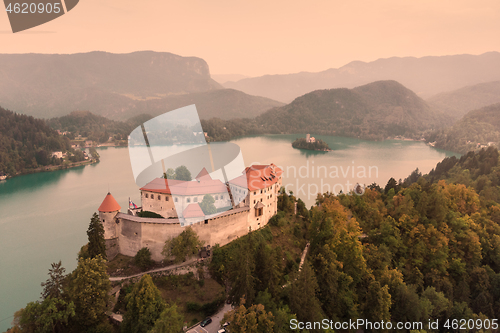 Image of Aerial view of Lake Bled and the castle of Bled, Slovenia, Europe. Aerial drone photography.