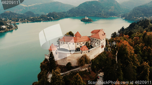 Image of Aerial view of Lake Bled and the castle of Bled, Slovenia, Europe. Aerial drone photography.