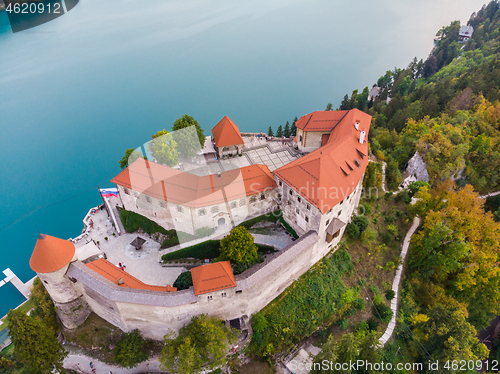 Image of Aerial view of Lake Bled and the castle of Bled, Slovenia, Europe. Aerial drone photography.