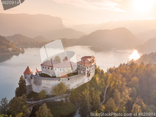 Image of Aerial view of Lake Bled and the castle of Bled, Slovenia, Europe. Aerial drone photography.