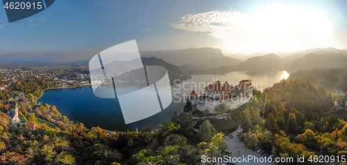 Image of Aerial panoramic view of Lake Bled and the castle of Bled, Slovenia, Europe. Aerial drone photography.