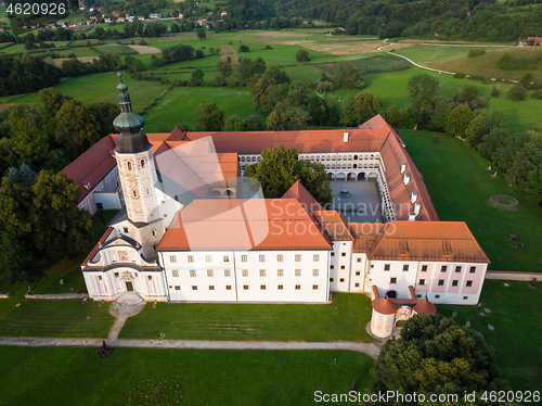 Image of Aerial view of Cistercian monastery Kostanjevica na Krki, homely appointed as Castle Kostanjevica, Slovenia, Europe.