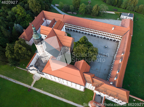 Image of Aerial view of Cistercian monastery Kostanjevica na Krki, homely appointed as Castle Kostanjevica, Slovenia, Europe.