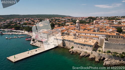 Image of Aerial view of mediterranean coastal old town Krk, Island Krk, Croatia, EU