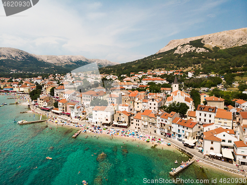 Image of Aerial panoramic view of Baska town, popular touristic destination on island Krk, Croatia, Europe.