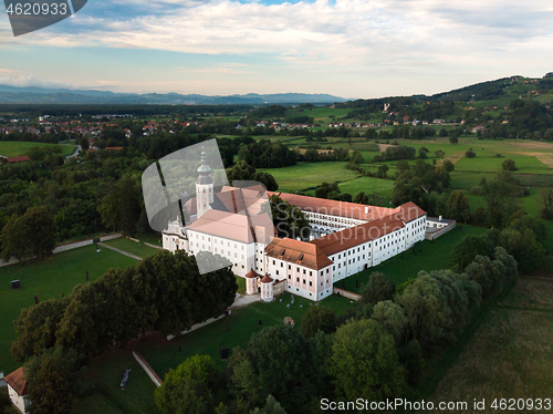 Image of Aerial view of Cistercian monastery Kostanjevica na Krki, homely appointed as Castle Kostanjevica, Slovenia, Europe.