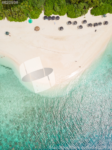 Image of Aerial drone view of picture perfect beach and turquoise lagoon on small tropical island on Maldives