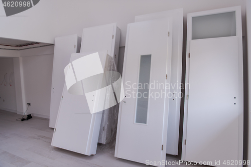 Image of Interior doors stacked in a new apartment