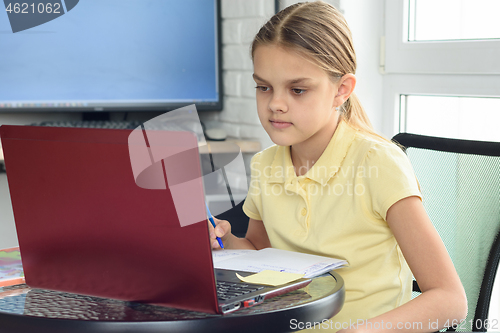 Image of Pretty girl of Caucasian appearance at the computer does homework