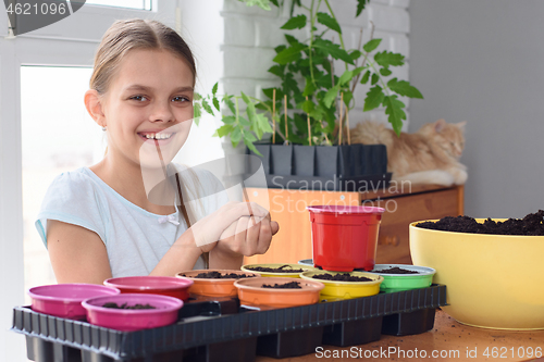 Image of The girl clutched the seeds in her hands for planting and looks into the frame with a smile