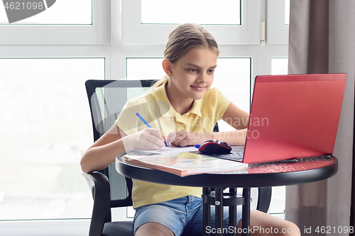 Image of Girl sitting at home remotely watching a virtual lesson