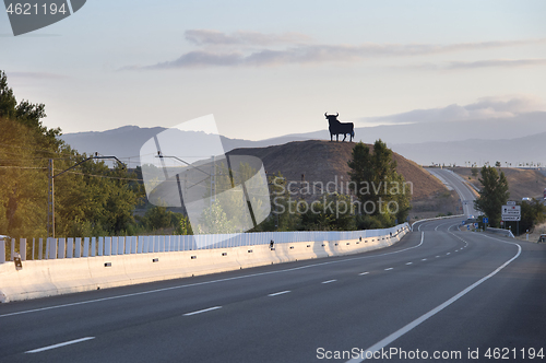 Image of Black bull statue on road