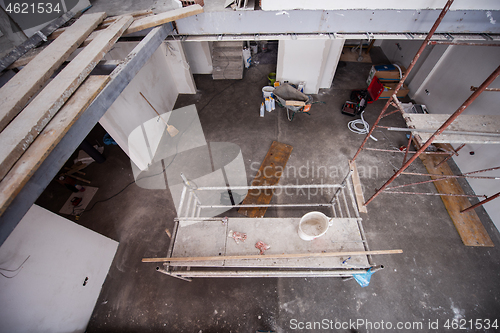 Image of interior of construction site with scaffolding