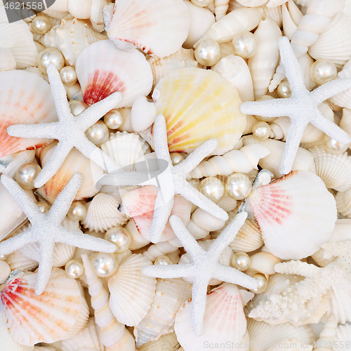 Image of Starfish Pearls and Seashell Background