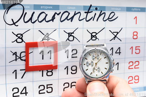 Image of Wristwatch on the background of the calendar with the inscription Quarantine