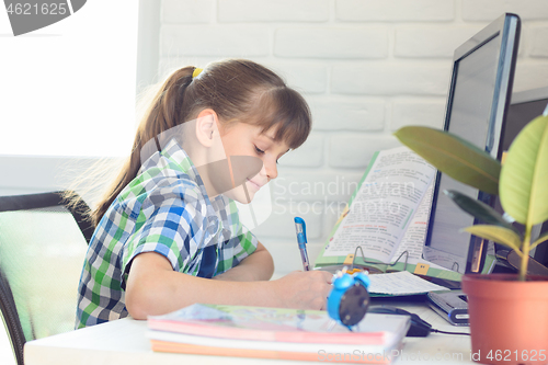 Image of A girl writes with a pen in a notebook, learning remotely without leaving home