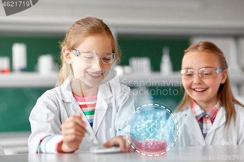 Image of kids making chemical experiment at school lab