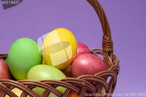 Image of Colored easter eggs in a basket on a purple background