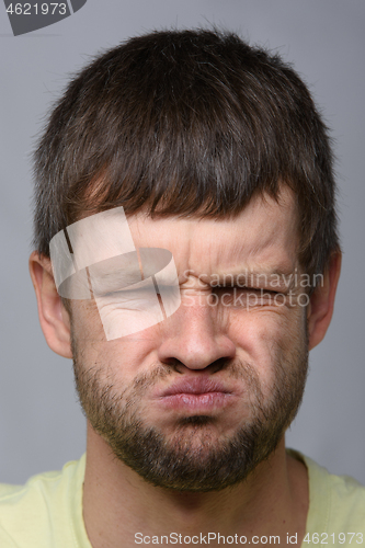 Image of Portrait of a man who really does not like the smell, European appearance and close-up