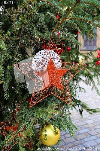 Image of Beautiful decorations on the branches of the Christmas tree