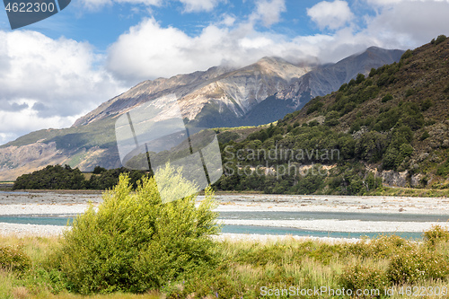 Image of riverbed landscape scenery Arthur\'s pass in south New Zealand