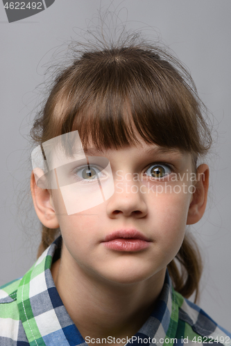 Image of Portrait of ten year old girl in shock with bulging eyes, European appearance, close-up