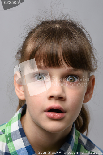 Image of Portrait of a very surprised ten year old girl with bulging eyes and open mouth, European appearance, close-up