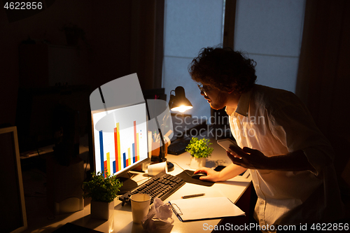 Image of Man working in office alone during coronavirus or COVID-19 quarantine, staying to late night