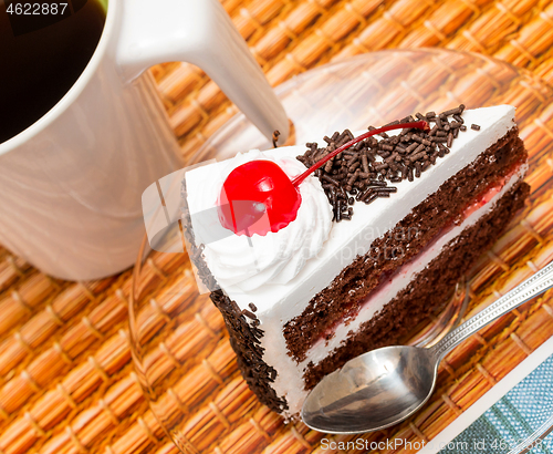Image of Black Forest Cake Means Coffee Break And Cafe 