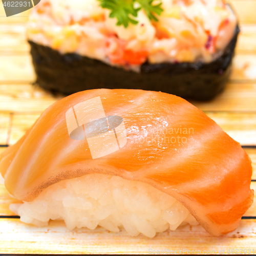 Image of Japanese Salmon Sushi Shows Oriental Food And Delicious 