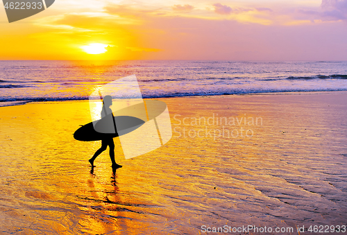 Image of Woman surfing on tropical island
