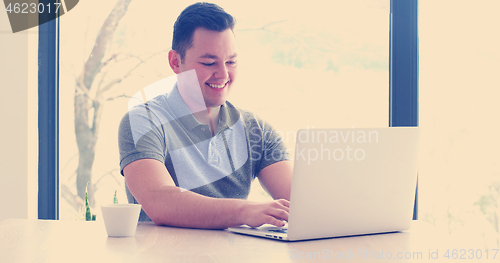 Image of businessman working using a laptop in startup office