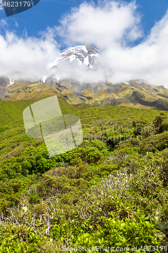 Image of volcano Taranaki covered in clouds, New Zealand 