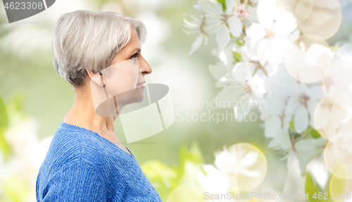 Image of portrait of senior woman in blue sweater over grey