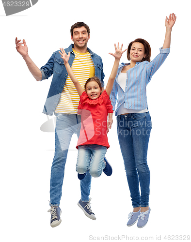 Image of happy family jumping over white background