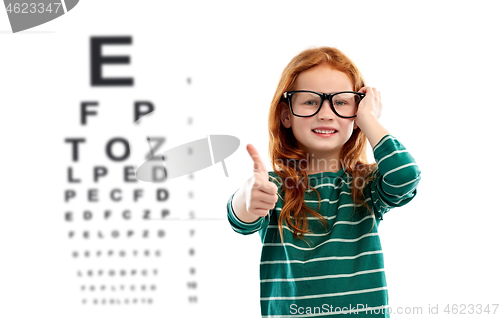 Image of red haired girl in glasses over eye test chart