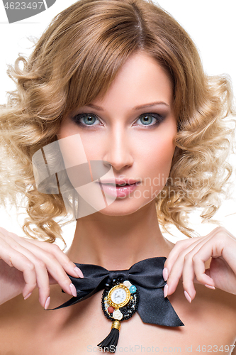 Image of Beautiful girl with black ribbon bow