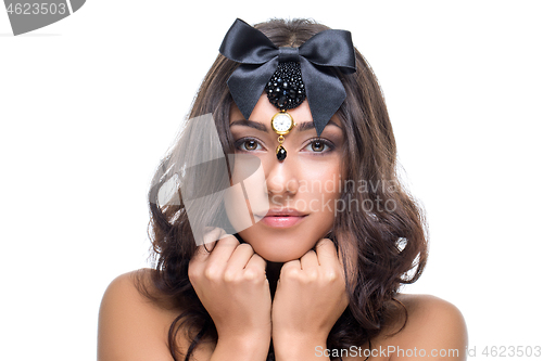 Image of Beautiful girl with black ribbon bow