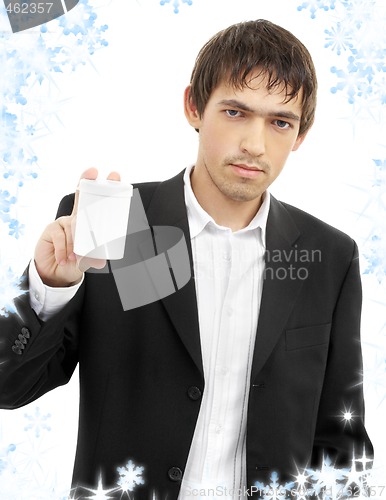 Image of confident man showing blank medication container