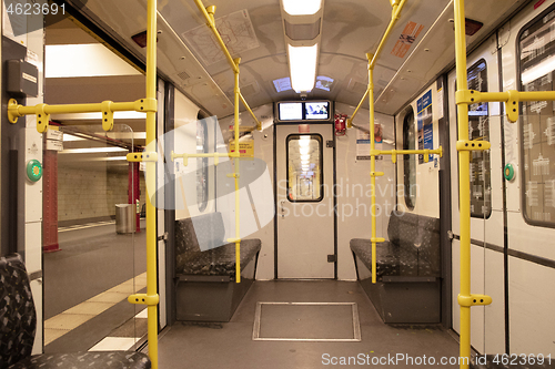 Image of Berlin, Germany on december 31, 2019: Empty BVG subway train U-B