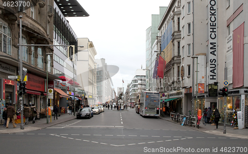 Image of Berlin, Germany - December 20, 2019: People visit famous Checkpo