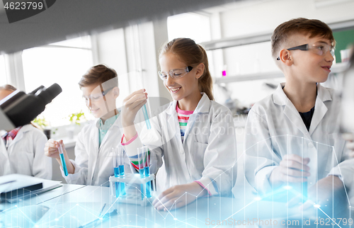 Image of kids with test tubes studying chemistry at school