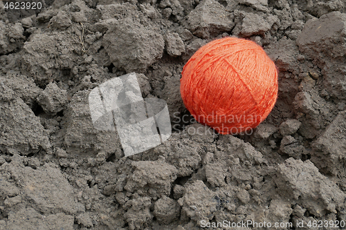 Image of Large woolen yarn of orange threads on arable land