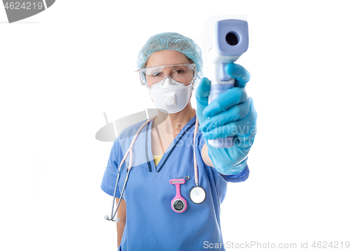 Image of Medical nurse taking a temperature check for fever with infrared