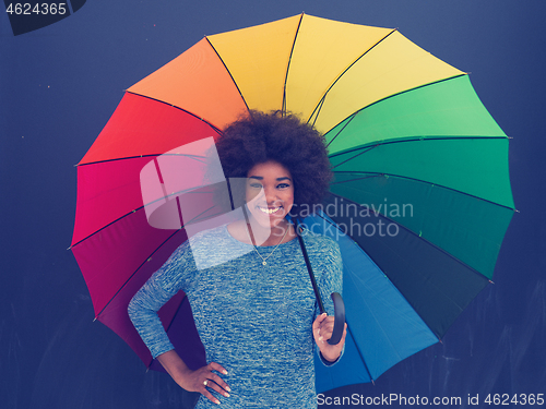 Image of african american woman holding a colorful umbrella