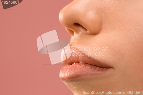 Image of Beautiful woman face lips nose closeup beauty skin care concept